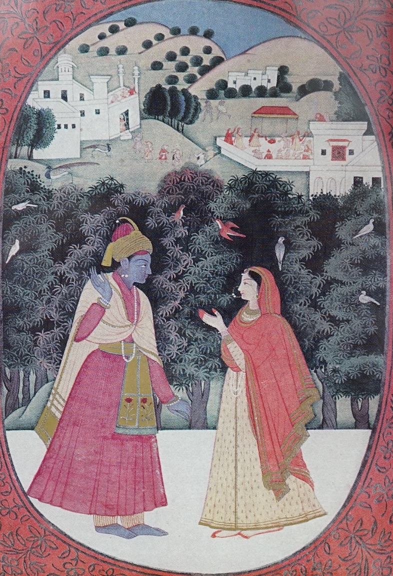An Indo Persian gouache on fabric, figures and attendants, together with two similar colour prints, largest 22 x 34cm